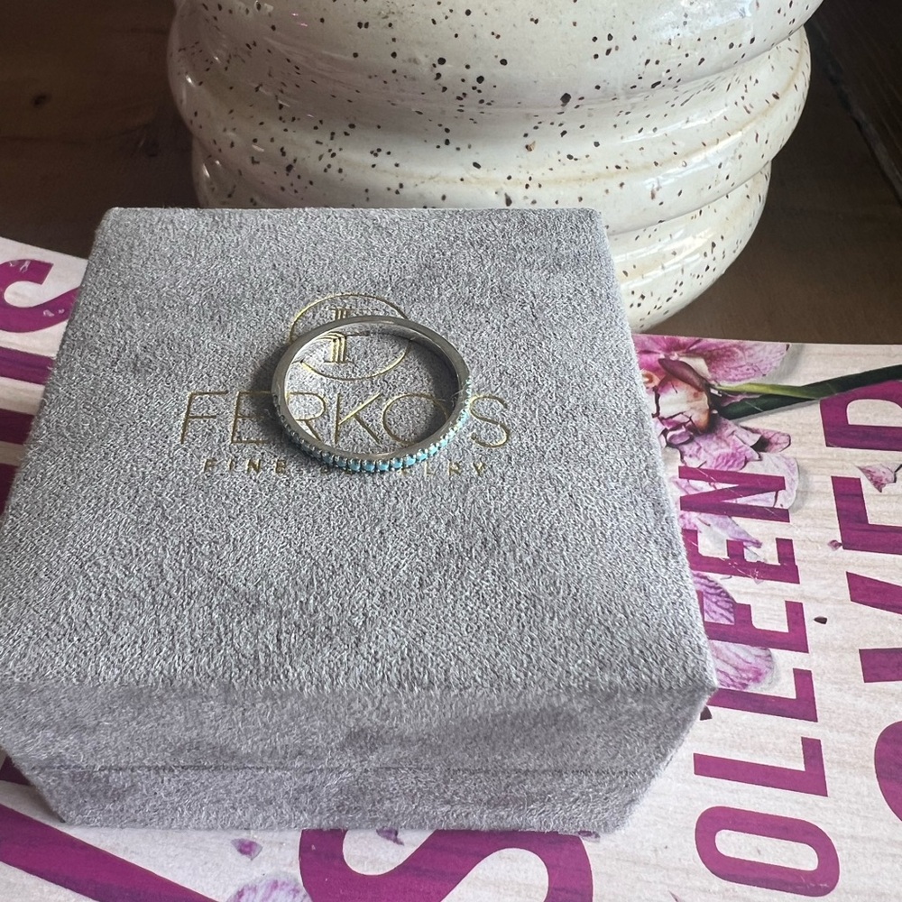 Ferko’s fine jewelry 14k white gold half eternity ring with turquoise stones